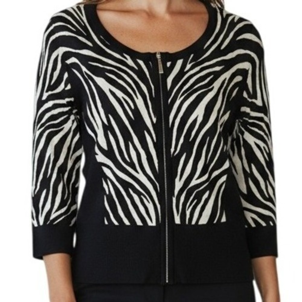 WHITE HOUSE BLACK MARKET Zebra Print Zip Front Cardigan 3//4" Sleeve Sweater XS